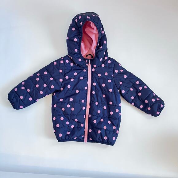 CARTERS GIRLS POLKA DOT PUFFER JACKET HOODIE POCKETS BLUE AND PINK SIZE 24 MO - Picture 1 of 13